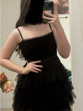 Betsy & Adam Black Tulle Dress with Ribbon Detail
